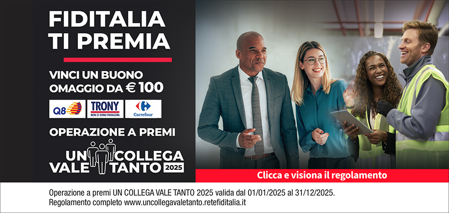 Agenzia Extrafin S.r.l. Fiditalia | Genova, La Spezia | Fiditalia ti premia - Vinci un buono omaggio da €100. Operazione a premi. Clicca e visiona il regolamento. Operazione a premi UN COLLEGA VALE TANTO 2025 valida dal 01/01/2025 al 31/12/2025. Regolamento completo www.uncollegavaletanto.retefiditalia.it