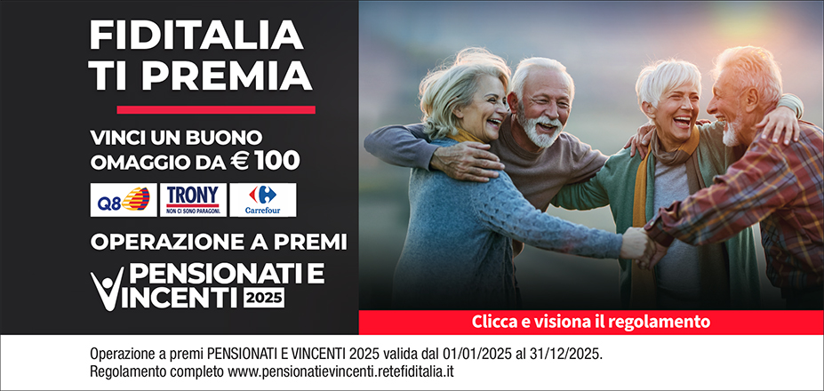 Agenzia Extrafin S.r.l. Fiditalia | Genova, La Spezia | Fiditalia ti premia - Vicni un omaggio da €100. Operazione a premi. Clicca e visiona il regolamento. Operazione a premi PENSIONATI E VINCENTI 2025 valida dal 01/01/2025 al 31/12/2025. Regolamento completo www.pensionatievincenti.retefiditalia.it